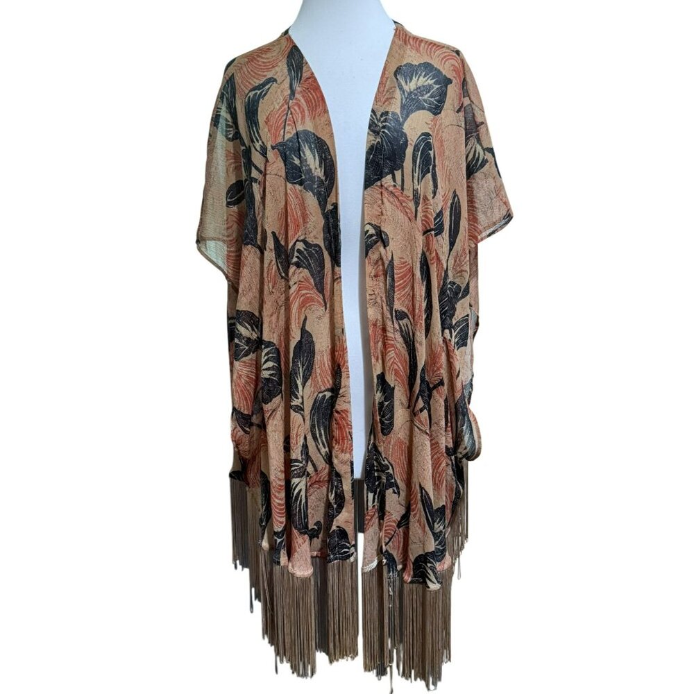 Anthropologie Kimchi Blue Kimono Feather Print Tan Black Piano Fringe Boho Sz L